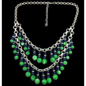 Funky Blue And Green Beaded Multilayer Fringe Necklace